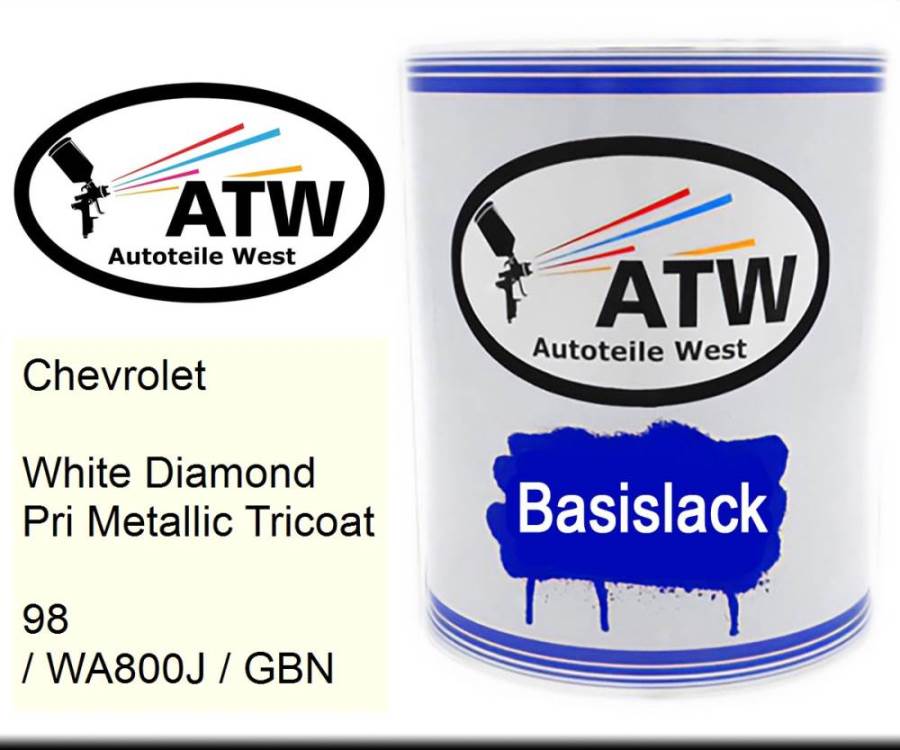 Chevrolet, White Diamond Pri Metallic Tricoat, 98 / WA800J / GBN: 1L Lackdose, von ATW Autoteile West.
